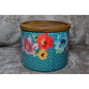 Pioneer Woman Ceramic Container Wooden Lid Florals Blue Kitchen Dish Storage
